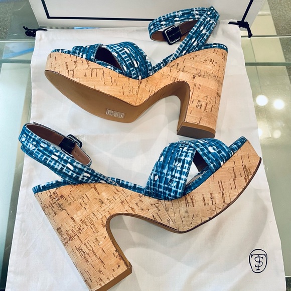 TABITHA SIMMONS gingham Elena blue NWT check cork platform volley 37 and 38.5 - Picture 1 of 16